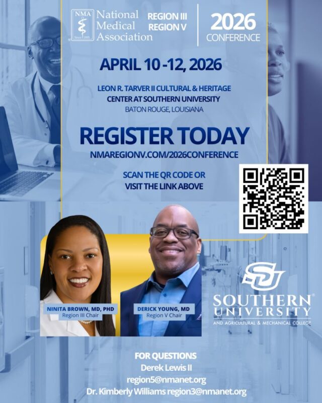 The National Medical Association invites you to join us for the Region III & Region V 2026 Conference, taking place April 10–12, 2026 at the Southern University and A&M College Leon R. Tarver II Cultural & Heritage Center in Baton Rouge, Louisiana.

This dynamic regional conference will bring together physicians, healthcare leaders, and advocates committed to advancing health equity, strengthening physician leadership, and addressing the most pressing issues impacting our communities.

Hosted by Region III Chair Ninita Brown, MD, PhD and Region V Chair Derick Young, MD, the conference will feature engaging discussions, networking opportunities, and meaningful collaboration across the NMA community.

📅 April 10–12, 2026
📍 Baton Rouge, Louisiana

Register today: https://nmaregionv.com/2026conference

#NMA #NMARRegions #HealthEquity #PhysicianLeadership #AfricanAmericanHealth