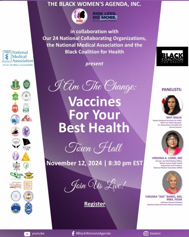 Join the National Medical Association (NMA), The Black Women's Agenda, Inc., the Black Coalition for Health and our dedicated partners in a vital discussion on vaccines and health. This virtual town hall will bring together experts to address the importance of vaccinations for safeguarding our communities.

Date: November 12, 2024
Time: 8:30 pm EST

Don’t miss this opportunity to empower yourself with essential health knowledge.

Register here https://bityl.co/SjIp (or visit the link in bio) and be part of the change for your best health!

#NationalMedAssn #BlackWomensAgenda #VaccinesForHealth #IAmTheChange #HealthEquity #NMAHealth #BlackHealthMatters #StayProtected #VaccinateForLife #CommunityHealth #HealthAwareness #JoinTheConversation