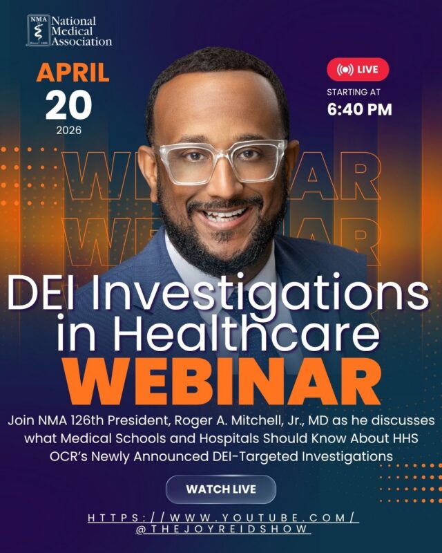 Join the National Medical Association and 126th President Roger A. Mitchell Jr. as he breaks down what healthcare leaders, medical schools, and hospitals need to know about DEI investigations and evolving federal oversight.

Tonight | April 20, 2026
Streaming LIVE at 6:40 PM ET

This is a must-watch discussion for anyone navigating today’s healthcare and policy landscape.

▶️ Watch live:  https://www.youtube.com/@thejoyreidshow

Be informed. Be prepared. Be part of the conversation.

#NMA #HealthcareLeadership #DEI #HealthPolicy #MedicalEducation #HealthcareEquity #LiveWebinar