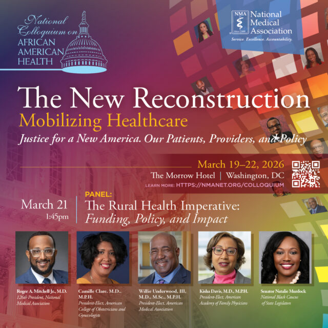 Across America, rural communities face growing healthcare challenges including hospital closures, workforce shortages, and limited access to care.

Join Roger A. Mitchell Jr., MD; Camille Clare, MD, MPH; Willie Underwood III, MD, MSc, MPH; Kisha Davis, MD, MPH; and Senator Natalie Murdock for “The Rural Health Imperative: Funding, Policy, and Impact.”

This important conversation will focus on the policies, investments, and leadership needed to strengthen rural healthcare systems and improve outcomes for underserved populations.

📍 March 21 |  Washington, DC

Register today: https://nmanet.org/colloquium

#NMAColloquium26 #RuralHealth #HealthEquity #HealthcareAccess #HealthPolicy #PublicHealth