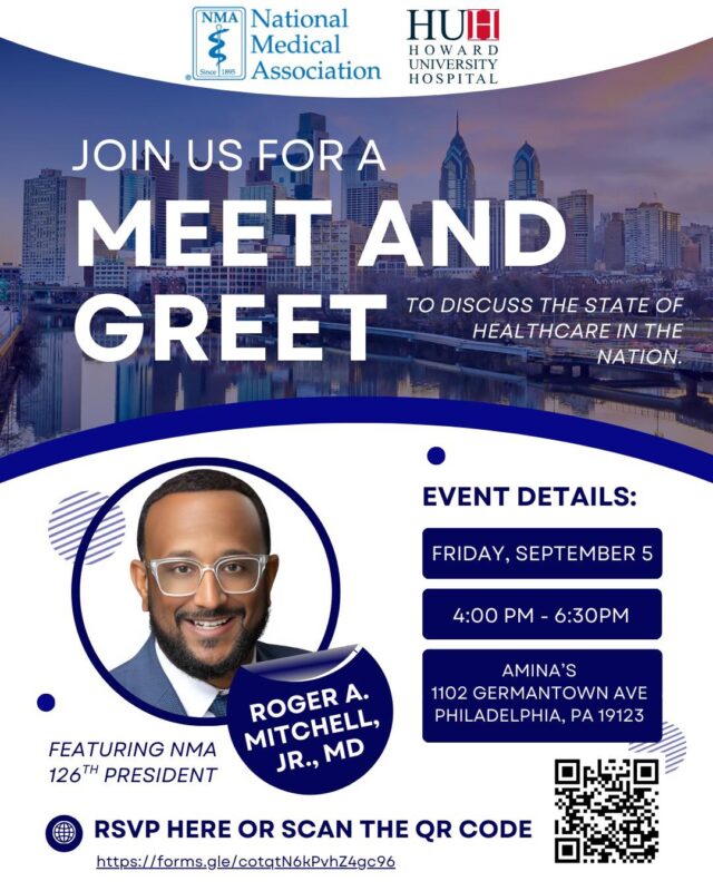 🌟 You’re Invited! 🌟

Join us for an NMA Meet & Greet to discuss the state of healthcare in our nation with Roger A. Mitchell, Jr., MD, 126th President of the National Medical Association.

📅 Friday, September 5
🕓 4:00 PM – 6:30 PM
📍 Amina’s
1102 Germantown Ave
Philadelphia, PA 19123

This is a unique opportunity to connect, learn, and engage in meaningful dialogue about the future of healthcare.

✅ RSVP today to secure your spot: https://forms.gle/cotqtN6kPvhZ4gc96

Let’s move healthcare forward—together! 

#NMA #Healthcare #Leadership #CommunityEngagement