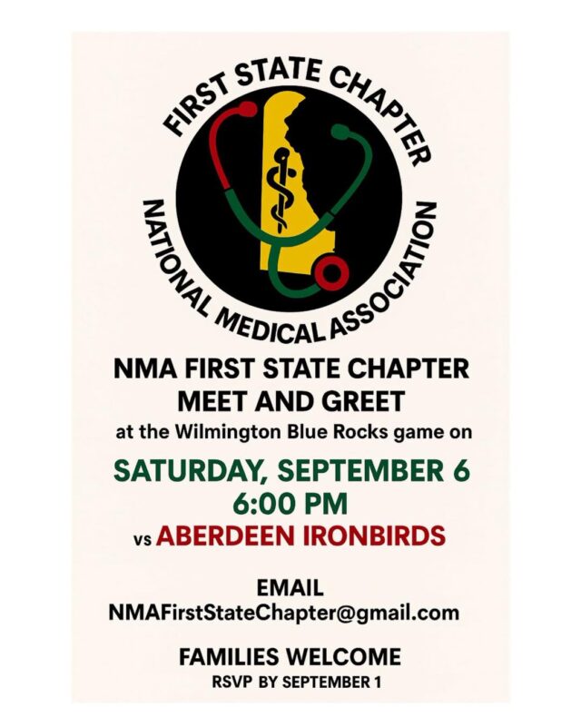 Join us for the NMA First State Chapter Meet & Greet at the Wilmington Blue Rocks game 🎉

We are honored to have Roger A. Mitchell, Jr., MD, 126th President of the National Medical Association, speaking at this special event!

📍 Frawley Stadium
801 Shipyard Drive
Wilmington, DE 19801

🗓 Saturday, September 6
⏰ 6:00 PM
⚔️ Wilmington Blue Rocks vs. Aberdeen Ironbirds

Bring the whole family, everyone is welcome!

📧 RSVP: NMAFirstStateChapter@gmail.com

Don’t miss this chance to connect, learn, and enjoy a great night with the community! 

#NMA #CommunityHealth #MeetAndGreet #WilmingtonBlueRocks #Leadership