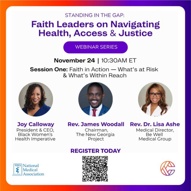Faith leaders across the country have shared a common concern: our communities need clarity and strategies to navigate a moment of devastating healthcare cuts that threaten cost and access.

The Standing in the Gap webinar series was created in direct response to that need — a three-part conversation designed to equip faith leaders with the information, tools, and real-world strategies to help their congregations stay informed, covered, and cared for.

Join us as we bring together trusted voices from faith, health, and policy to strengthen our collective response and build pathways to health justice.

Starts November 24 | 10:30 AM ET

Register today: https://bit.ly/4pvxTId

#NMA #Leadership #Faith #Health #HealthJustice #Justice