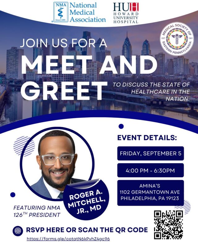 📢 REMINDER – Meet & Greet with NMA President Dr. Roger A. Mitchell, Jr.

Join us for an important conversation on the state of healthcare in the nation with the 126th President of the National Medical Association, Roger A. Mitchell, Jr., MD.

🗓 Friday, September 5
⏰ 4:00 PM – 6:30 PM
📍 Amina’s, 1102 Germantown Ave, Philadelphia, PA 19123

This is a great opportunity to network, engage, and share perspectives on healthcare with colleagues and leaders.

RSVP here: https://forms.gle/cotqtN6kPvhZ4gc96 or scan the QR code on the flyer.

We look forward to seeing you there!

#NMA #HealthcareLeadership #CommunityEngagement #MedicalProfessionals