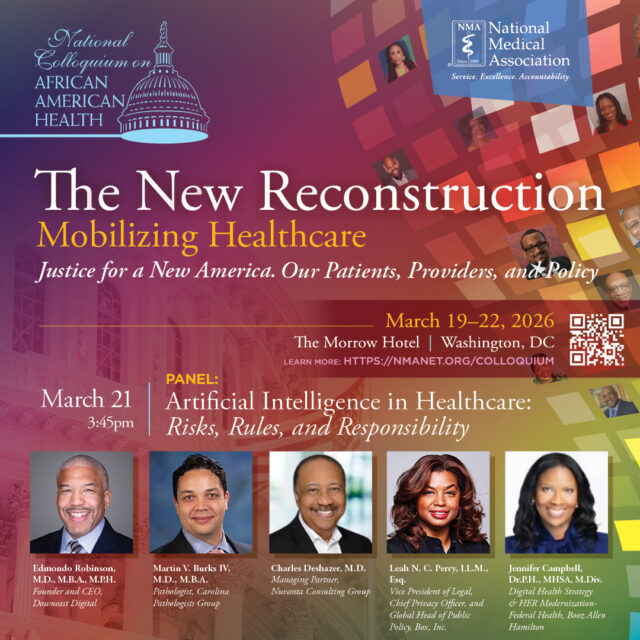 Artificial intelligence is rapidly transforming healthcare, from diagnostics to clinical decision-making. But with innovation comes responsibility.

Join leading experts Edmundo Robinson, MD, MBA, MPH; Martin V. Burks IV, MD, MBA; Charles Deslazare, MD; Leah N. C. Perry, LLM; and Jennifer Campbell, DrPH, MHSA, MDiv for “Artificial Intelligence in Healthcare: Risks, Rules, and Responsibility.”

This essential panel will explore how AI is reshaping medicine, the ethical and regulatory challenges ahead, and how healthcare leaders can ensure technology advances equity rather than deepening disparities.

📍 March 21 |  Washington, DC

Register today: https://nmanet.org/colloquium

#NMAColloquium26 #AIinHealthcare #DigitalHealth #HealthInnovation #HealthEquity #FutureOfHealthcare #MedicalTechnology