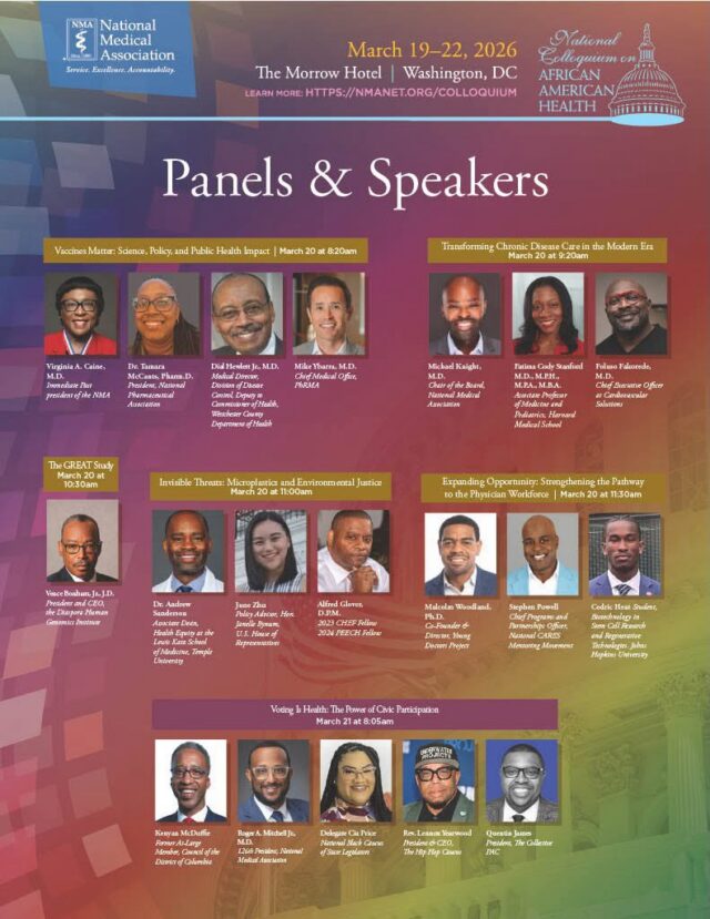 Join us for the National Colloquium on African American Health, March 19–22, 2026, at The Morrow Hotel in Washington, DC. This powerful gathering will bring together national leaders, physicians, policymakers, researchers, and advocates to address the most pressing issues impacting the health of African American communities.

Featuring dynamic panels and distinguished speakers, the Colloquium will explore critical topics such as chronic disease, health equity, workforce development, public health policy, artificial intelligence in healthcare, and the future of care delivery.

This is a must-attend event for physicians and healthcare leaders committed to advancing health equity and shaping policies that impact our communities.

Register today and secure your place in these important conversations: https://nmanet.org/colloquium

#NMAColloquium #HealthEquity #AfricanAmericanHealth #HealthcareLeadership #PhysicianAdvocacy