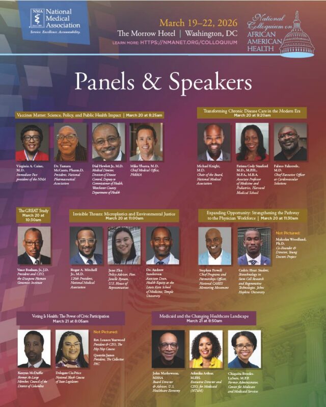 Join us for the National Colloquium on African American Health, March 19–22, 2026, at The Morrow Hotel in Washington, DC. This powerful gathering will bring together national leaders, physicians, policymakers, researchers, and advocates to address the most pressing issues impacting the health of African American communities.

Featuring dynamic panels and distinguished speakers, the Colloquium will explore critical topics such as chronic disease, health equity, workforce development, public health policy, artificial intelligence in healthcare, and the future of care delivery.

This is a must-attend event for physicians and healthcare leaders committed to advancing health equity and shaping policies that impact our communities.

Register today and secure your place in these important conversations: https://nmanet.org/colloquium

#NMAColloquium #HealthEquity #AfricanAmericanHealth #HealthcareLeadership #PhysicianAdvocacy