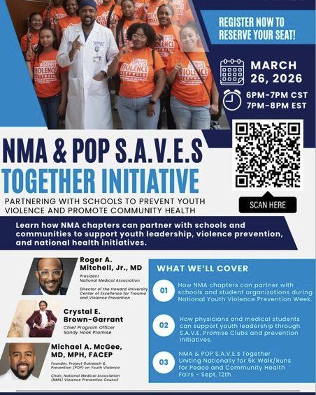 Join us for an important and impactful conversation.

The National Medical Association (NMA), in partnership with POP on Youth Violence, invites you to be part of the NMA & POP S.A.V.E.S Together Initiative Webinar - a powerful discussion focused on preventing youth violence and strengthening community health.

📅 March 26, 2026
 🕕 6PM–7PM CST | 7PM–8PM EST

Hear from national leaders as they share how NMA chapters, physicians, students, and communities can work together to:

 ✔️ Partner with schools and student organizations
 ✔️ Support youth leadership and violence prevention
 ✔️ Launch initiatives like Promise Clubs and community health events

This is more than a webinar - it’s a call to action to create safer, healthier communities.

🔗 Register now to reserve your seat:

 https://us02web.zoom.us/webinar/register/WN_OE9L7diTRACpm8P3XA6u5Q

#NMA #ViolencePrevention #HealthEquity #CommunityHealth #PhysicianLeadership #YouthEmpowerment #SAVESTogether
